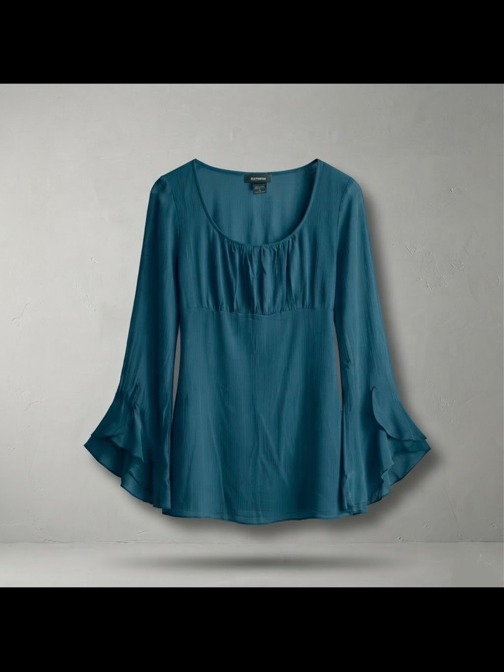 Express Ruched Bell Sleeve Tie-Back Blouse - Teal / Slate Blue